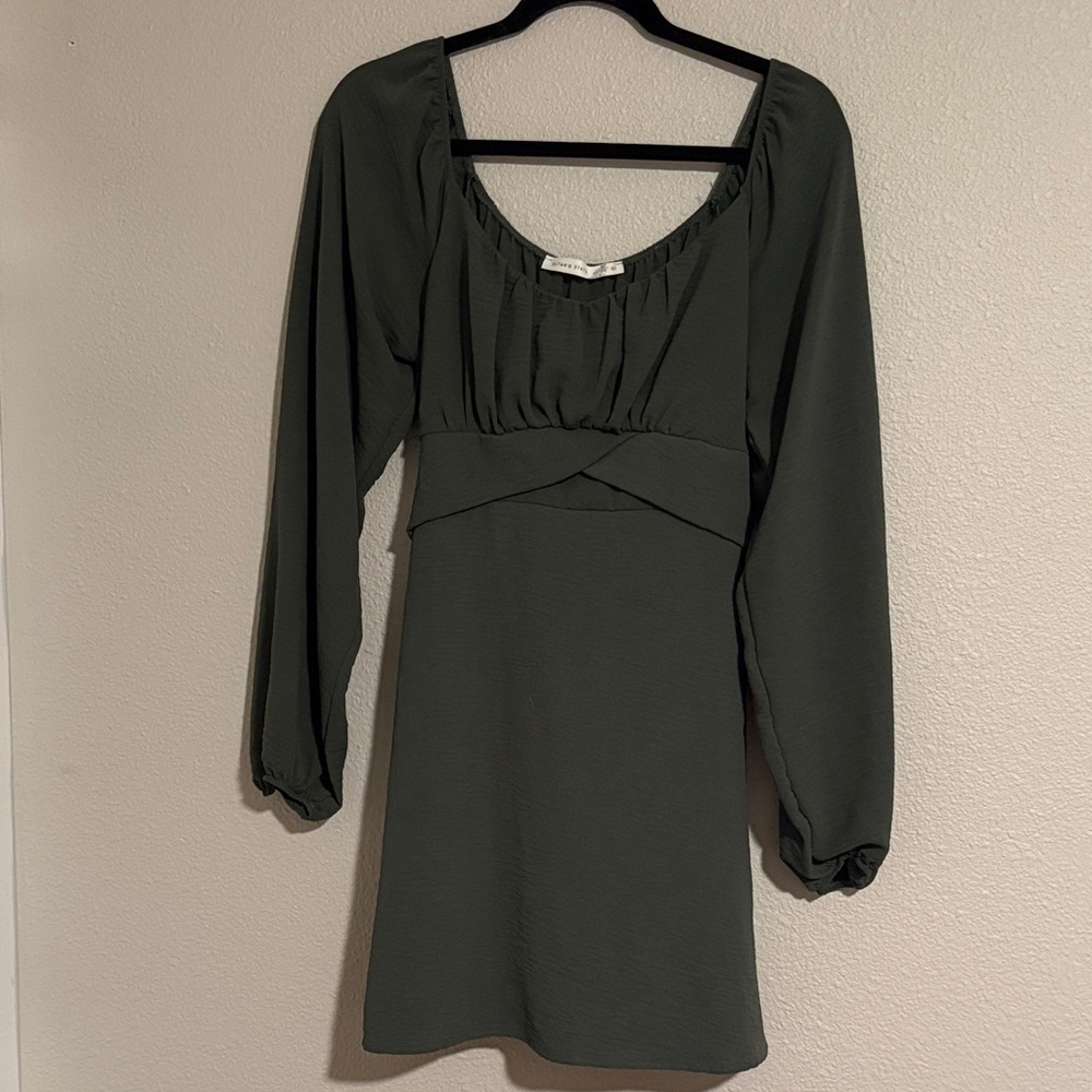 Large Altar'd State Olive Green Long Sleeve Flowy Dress with Back Tie - Picture 2 of 7